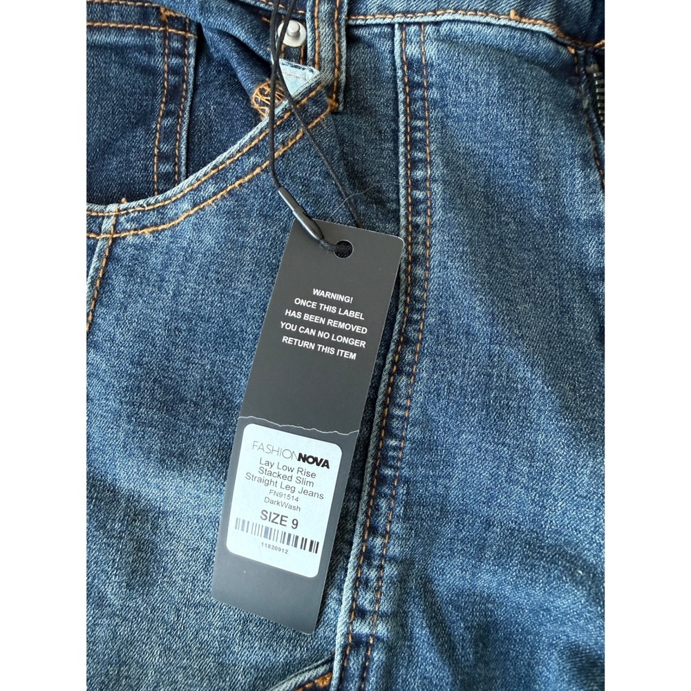 Fashion Nova Lay Low Rise Stacked Slim Straight Leg Jeans Dark Wash 9 NWT New - Picture 3 of 11